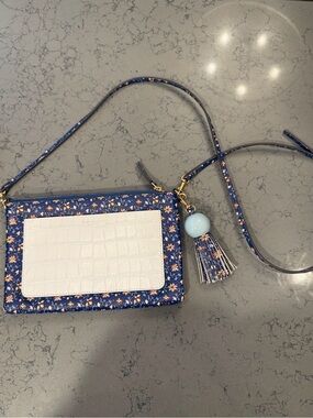Tory Burch Colorblock Leather Tassel Crossbody Bag Clutch Blue Wild Pansy Floral